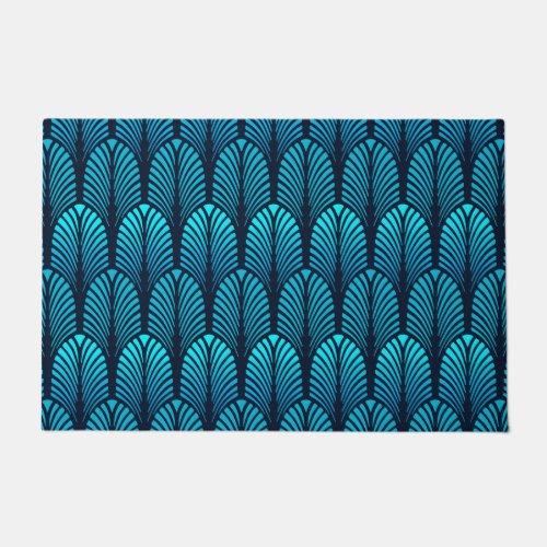 Art Deco Feather Pattern Turquoise and Navy Doormat