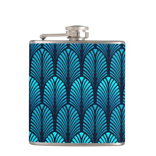 Art Deco Feather Pattern Turquoise and Navy Flask