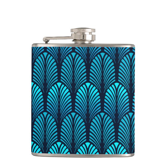 Art Deco Feather Pattern, Turquoise and Navy Flask (Front)