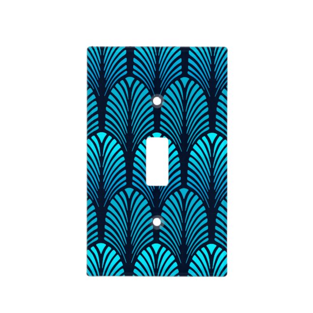 Art Deco Feather Pattern, Turquoise and Navy Light Switch Cover (Front)