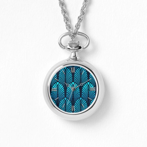 Art Deco Feather Pattern Turquoise and Navy Watch