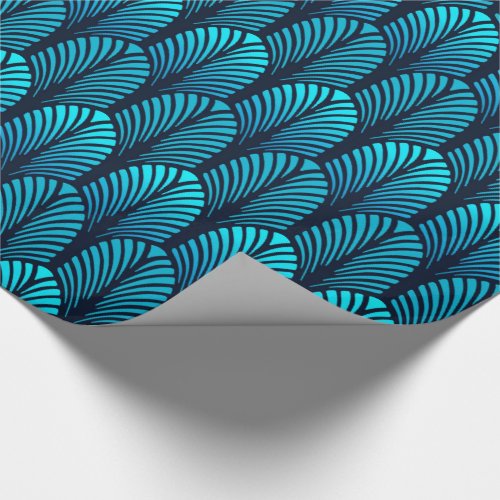 Art Deco Feather Pattern Turquoise and Navy Wrapping Paper