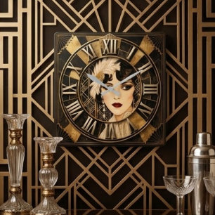 Art Deco Feathered Portrait Square Wall Clock