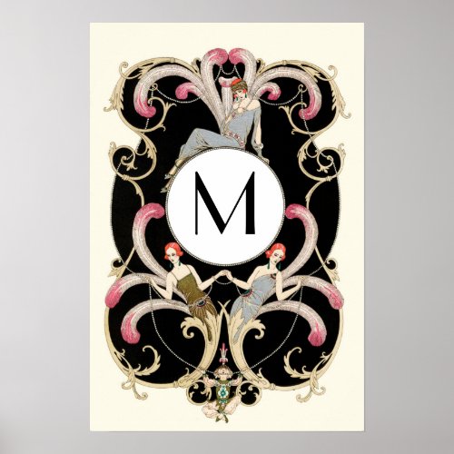 ART DECO FEATHERS BEAUTY FASHION COSTUME MONOGRAM POSTER