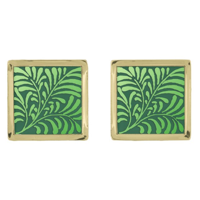 Art Deco fern pattern - shades of green Gold Cufflinks (Front)