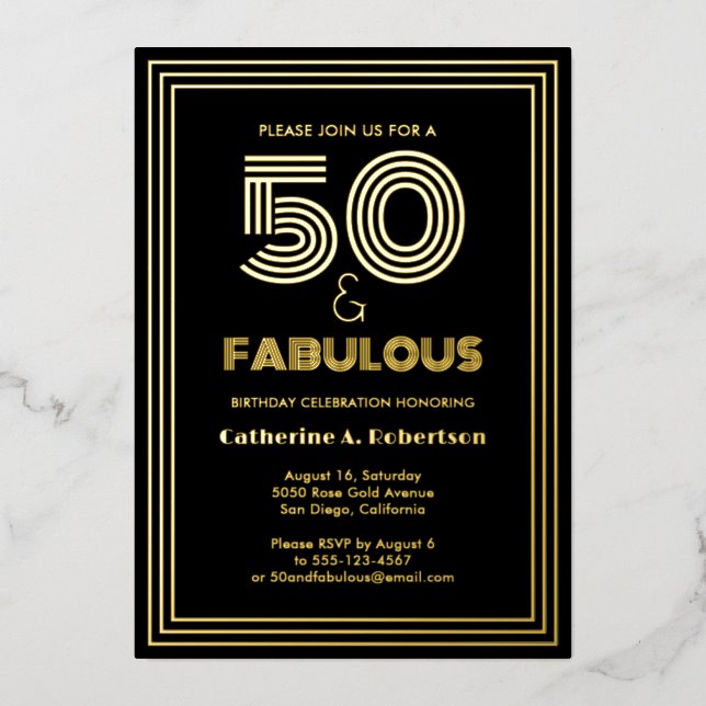 Art Deco Fifty and Fabulous Luxury 50th Birthday Foil Invitation (Front)