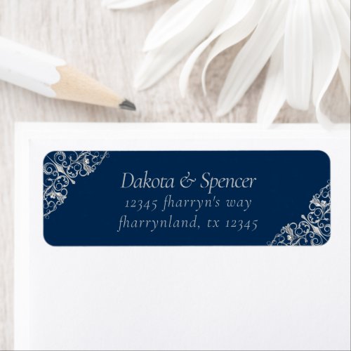 Art Deco Filigree  Navy Blue and Silver Address Label