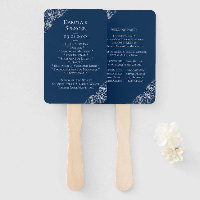 Art Deco Filigree | Navy Blue Silver Gray Program Hand Fan (Front and Back)