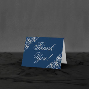 Art Deco Filigree   Navy Blue Silver Gray Wedding Letterpress Thank You Card