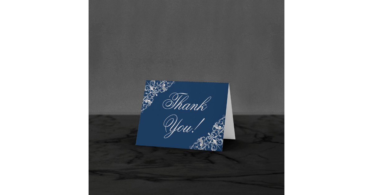 Art Deco Filigree | Navy Blue Silver Gray Wedding Thank You Card | Zazzle
