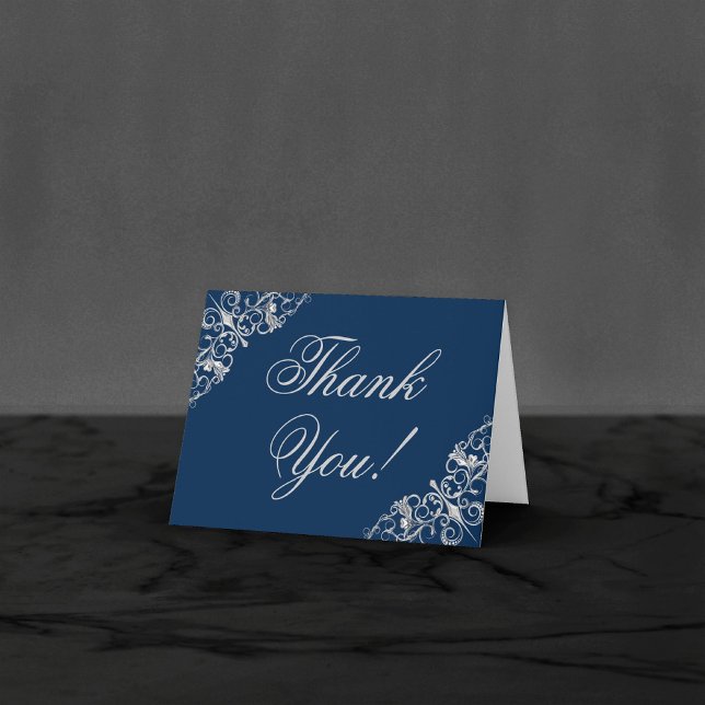 Art Deco Filigree | Navy Blue Silver Gray Wedding Thank You Card (Creator Uploaded)