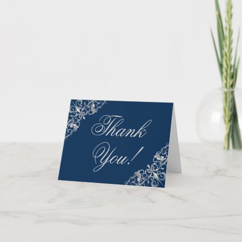 Art Deco Filigree  Navy Blue Silver Gray Wedding Thank You Card