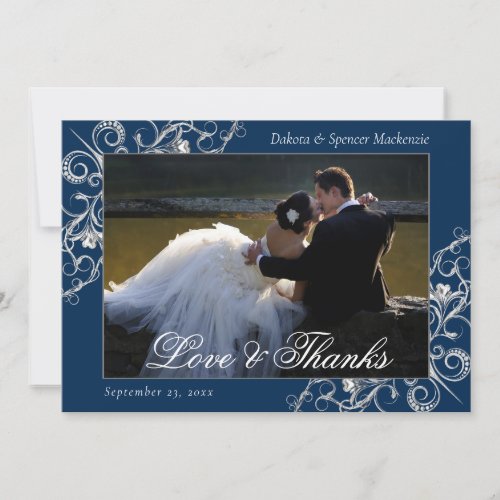 Art Deco Filigree  Navy Silver Photo Love and Thank You Card