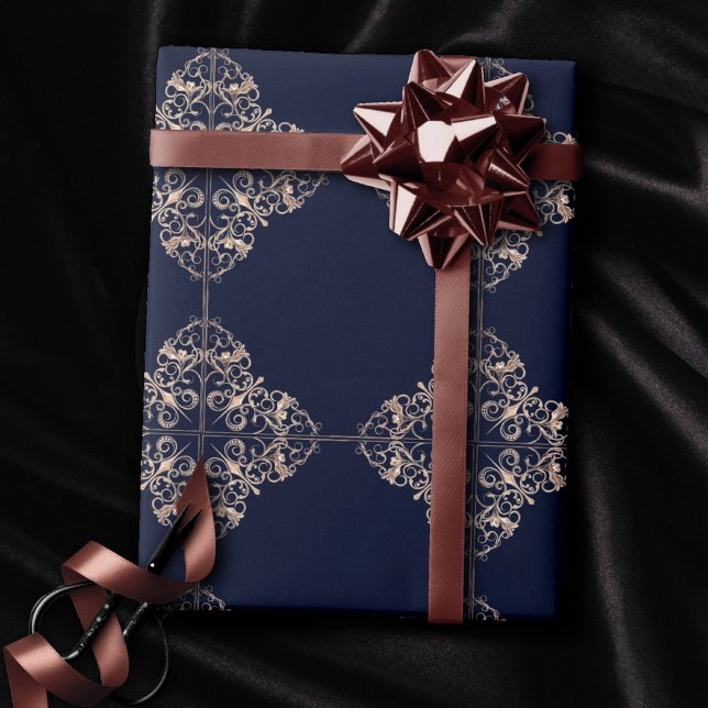 Art Deco Filigree | Ornamental Navy Blue Rose Gold Wrapping Paper (Creator Uploaded)