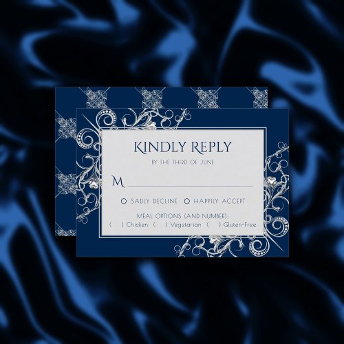 Art Deco Filigree  Silver and Navy Blue Decadence RSVP Card