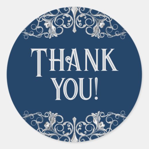 Art Deco Filigree  Silver and Navy Blue Thank You Classic Round Sticker
