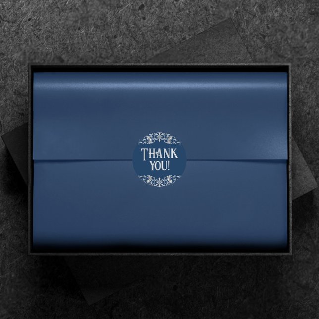 Art Deco Filigree | Silver and Navy Blue Thank You Classic Round Sticker (Creator Uploaded)
