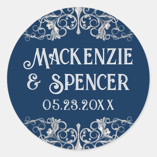 Art Deco Filigree  Silver and Navy Blue Wedding Classic Round Sticker