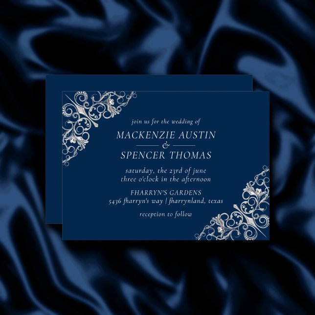 Art Deco Filigree | Silver Gray Navy Blue Wedding Invitation (Creator Uploaded)
