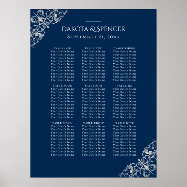 Art Deco Filigree | Silver Gray Navy Seating Chart (Front)