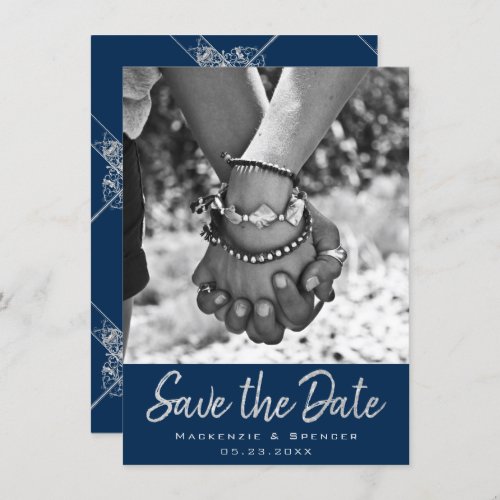 Art Deco Filigree  Silver Gray on Navy Blue Photo Save The Date