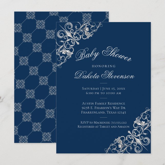 Art Deco Filigree | Silver Navy Blue Baby Shower Invitation (Front/Back)
