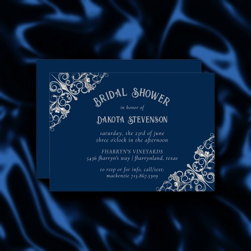 Art Deco Filigree  Silver Navy Blue Bridal Shower Invitation