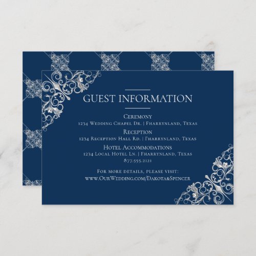 Art Deco Filigree  Silver Navy Blue Guest Details Enclosure Card