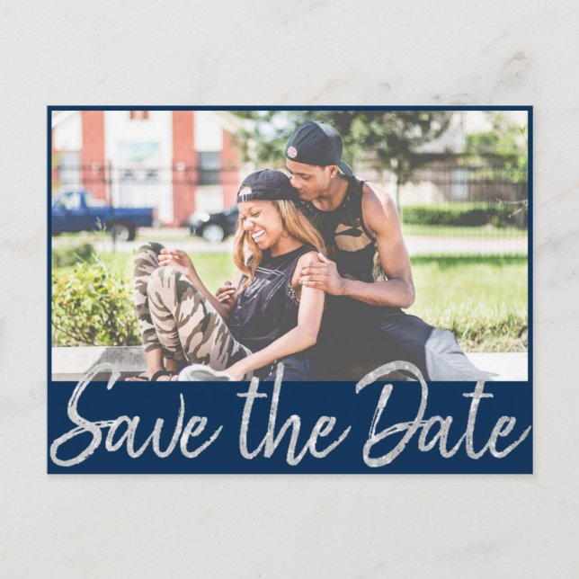 Art Deco Filigree | Silver Navy Blue Wedding Photo Announcement Postcard (Front)