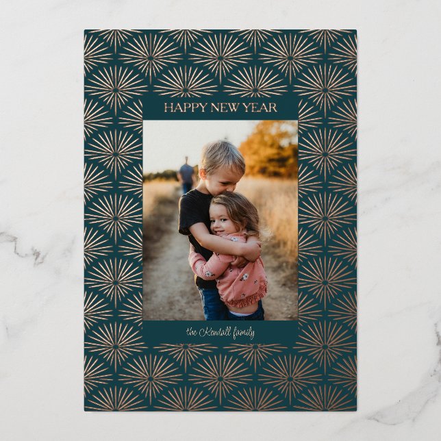 Art deco fireworks pattern photo foil holiday card (Front)