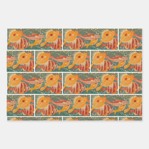 Art Deco Fish in Orange and Green Design Wrapping Paper Sheets