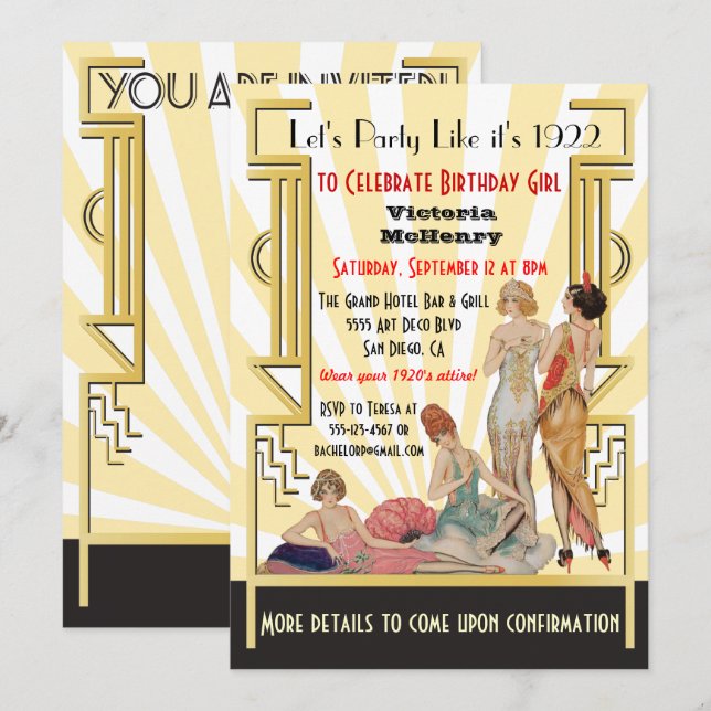 Art Deco Flapper girl party invitations (Front/Back)