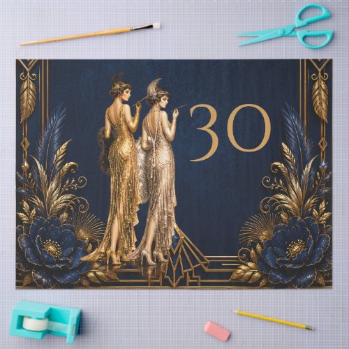 Art Deco flapper girls blue gold Gatsby decoupage Tissue Paper