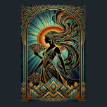 Art Deco Flapper Woman Portrait Gold Teal Poster<br><div class="desc">Capture the essence of the Roaring Twenties with this striking Art Deco portrait. Featuring a sophisticated flapper with a geometric bob haircut and a luxurious feather headpiece, she stands against a radiant orange sunburst and deep teal fan background. Framed by intricate black and gold geometric borders, this piece is the...</div>