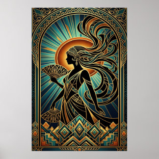 Art Deco Flapper Woman Portrait Gold Teal Poster
