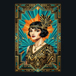 Art Deco Flapper Woman Portrait Gold Teal Poster<br><div class="desc">Capture the essence of the Roaring Twenties with this striking Art Deco portrait. Featuring a sophisticated flapper with a geometric bob haircut and a luxurious feather headpiece, she stands against a radiant orange sunburst and deep teal fan background. Framed by intricate black and gold geometric borders, this piece is the...</div>