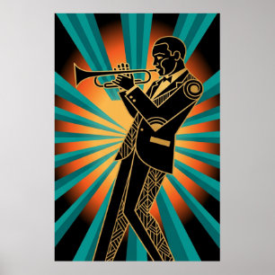 Art Deco Flapper Woman Portrait Gold Teal Poster