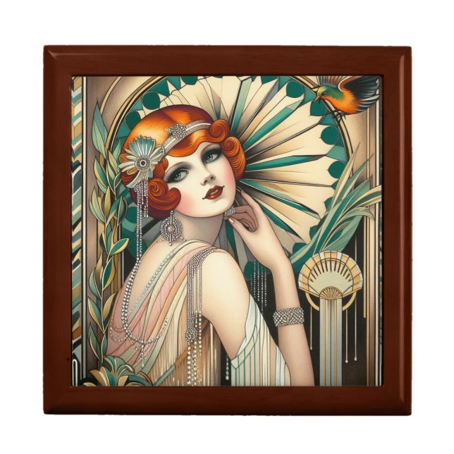 Art Deco Flapper Wooden Jewelry Keepsake Box (Front)