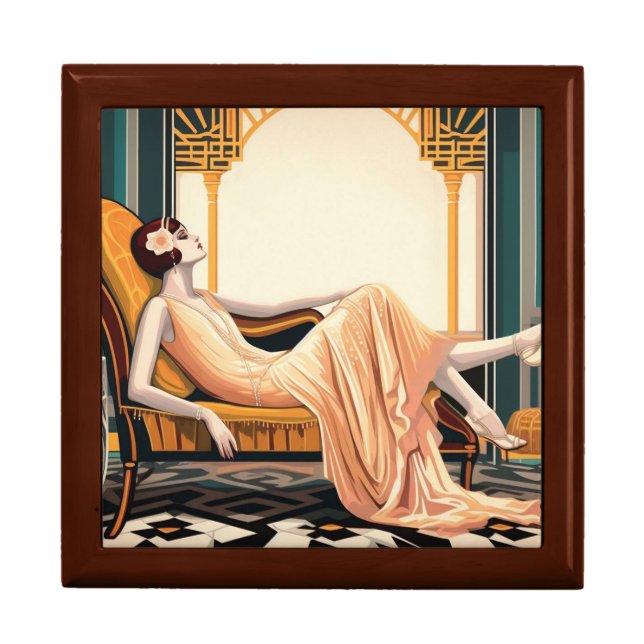 Art Deco Flapper Wooden Jewelry Keepsake Box (Front)