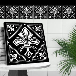 Art Deco Fleur-de-lis - black and white Ceramic Tile