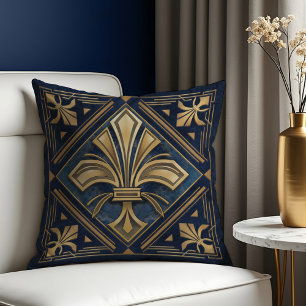 Art Deco Fleur-de-lis Blue and gold Throw Pillow