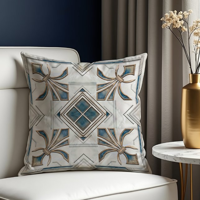 Art Deco Fleur-de-lis Blue and White Throw Pillow (Creator Uploaded)