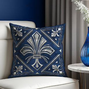Art Deco Fleur-de-lis Blue marble and Pearl Throw Pillow