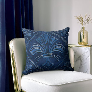 Art Deco Fleur-de-lis Blue marble Throw Pillow