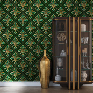 Art Deco Fleur-de-lis Malachite and Gold Wallpaper