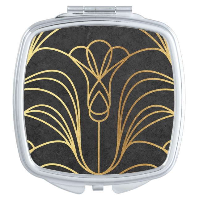 Art Deco Floral. Black and Gold Compact Mirror (Front)