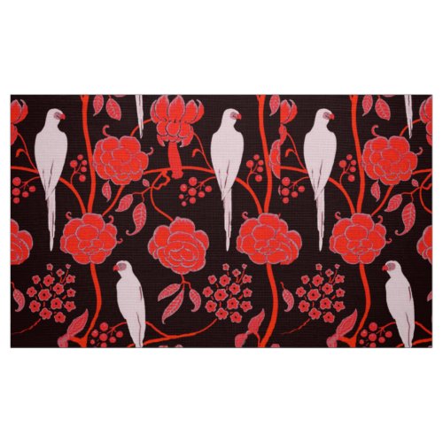 ART DECO FLORAL BLACK RED FLOWERSWHITE PARROTS FABRIC
