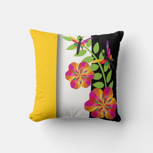 Art Deco Floral Colorful Dragonfly Throw Pillow