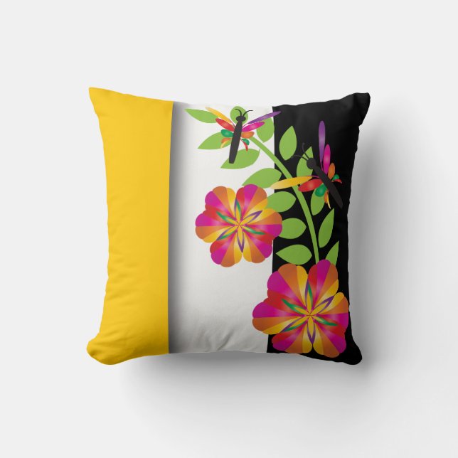 Art Deco Floral Colorful Dragonfly Throw Pillow (Front)