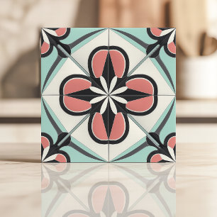 Art Deco Floral Design in Pink, Black, and Mint Ceramic Tile